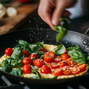 Adding Fresh Basil and Cherry Tomatoes to the Omelet