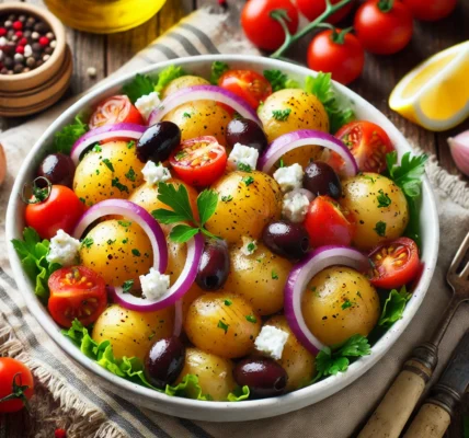 Greek Potato Salad served in a white bowl