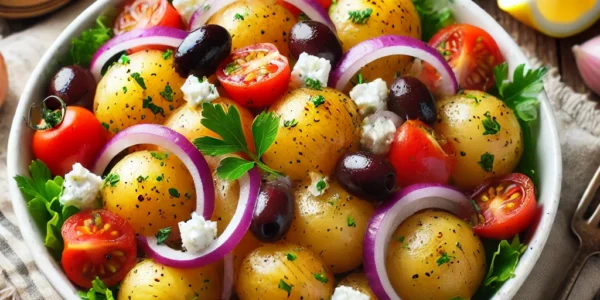 Greek Potato Salad served in a white bowl