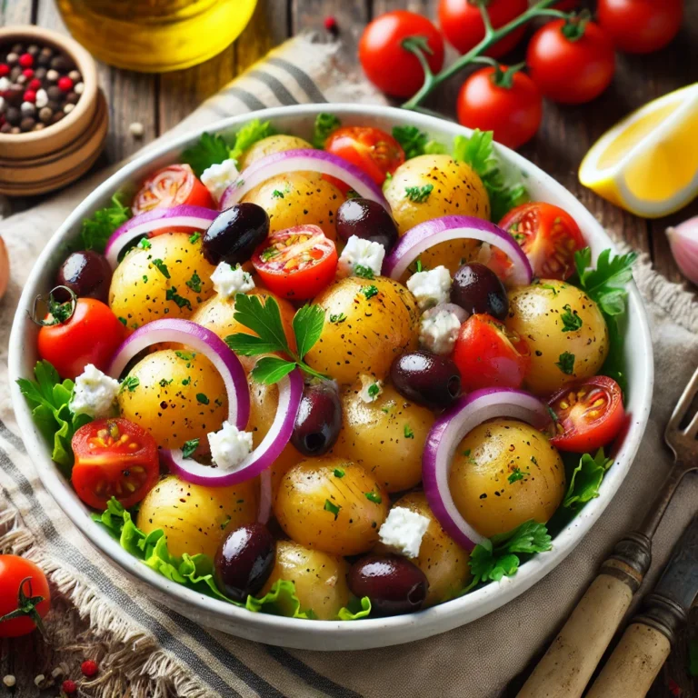 Greek Potato Salad served in a white bowl